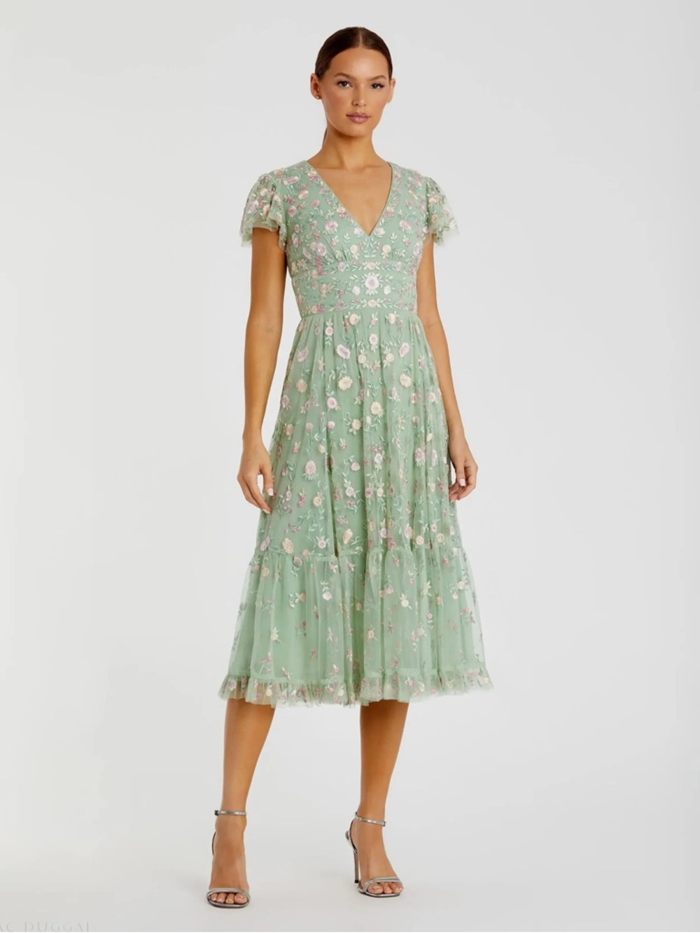 MAC DUGGAL Green Multicolor Embroidered V Neck Midi Dress 10
